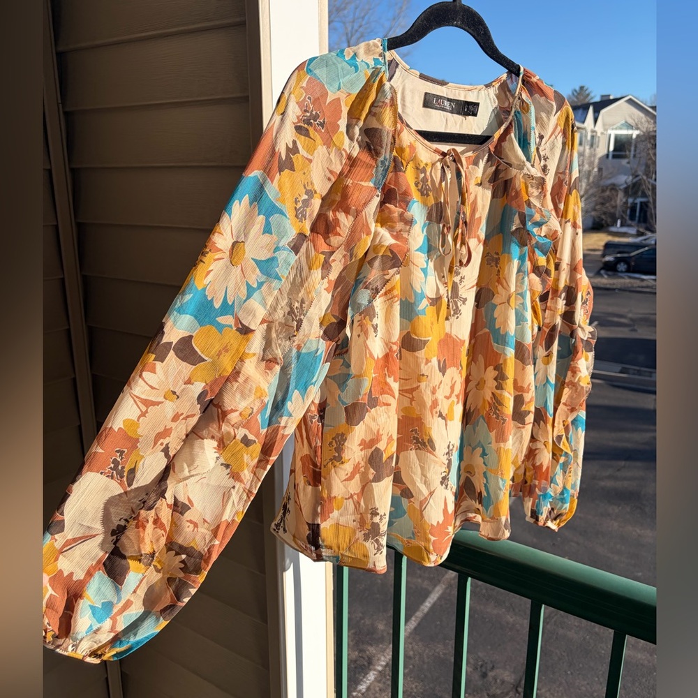 🆕 Lauren Ralph Lauren Floral Blouse Size Large Boho Sheer Multicolor Top Style - Picture 7 of 17